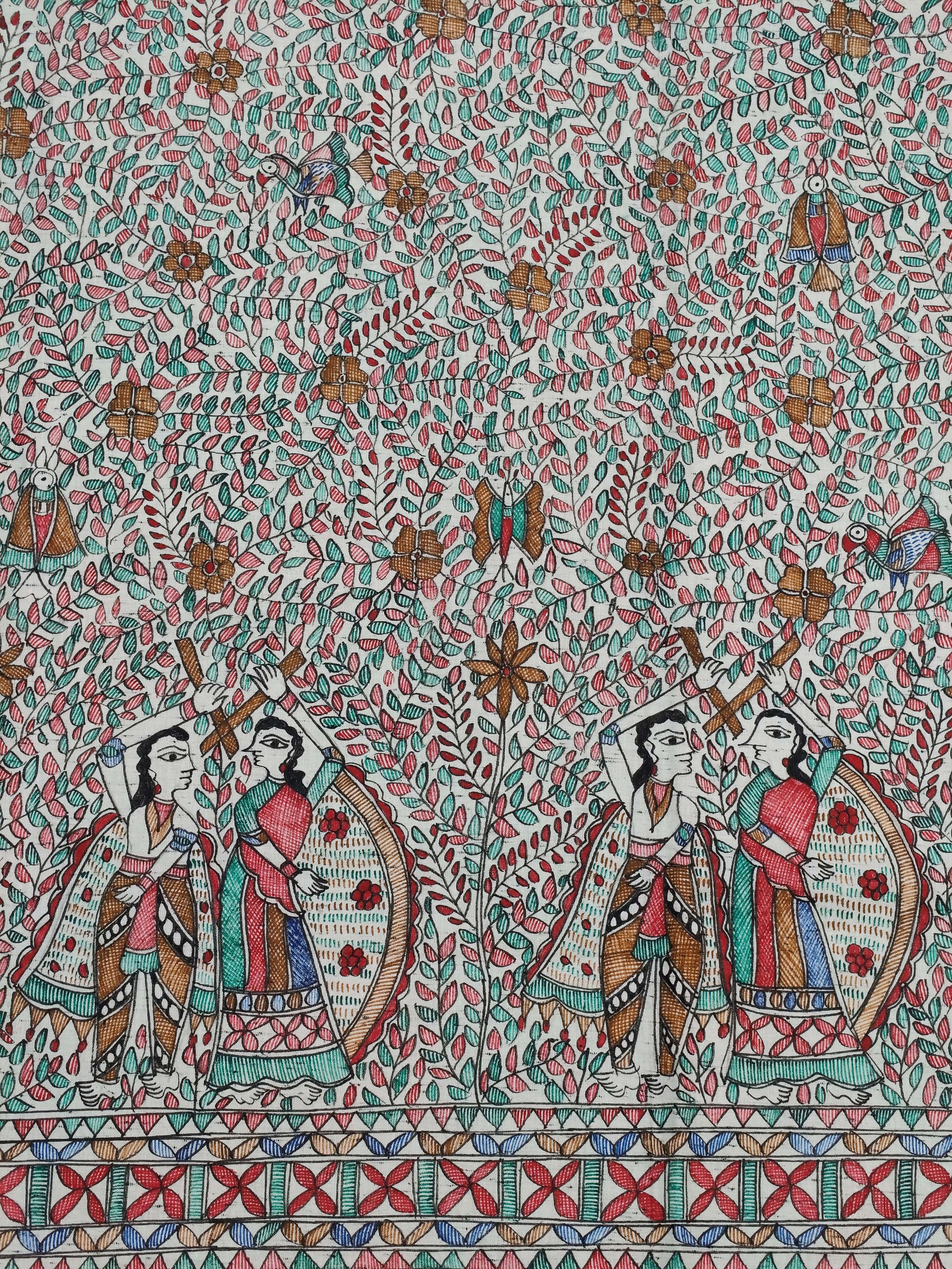 All-Over Hand-Painted Unstitched Madhubani Kurti on Cotton – Off-White